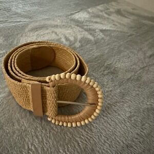 Beige Woven Straw Belt Boho Raffia Style With Wood Bead Buckle 38" Adjustable